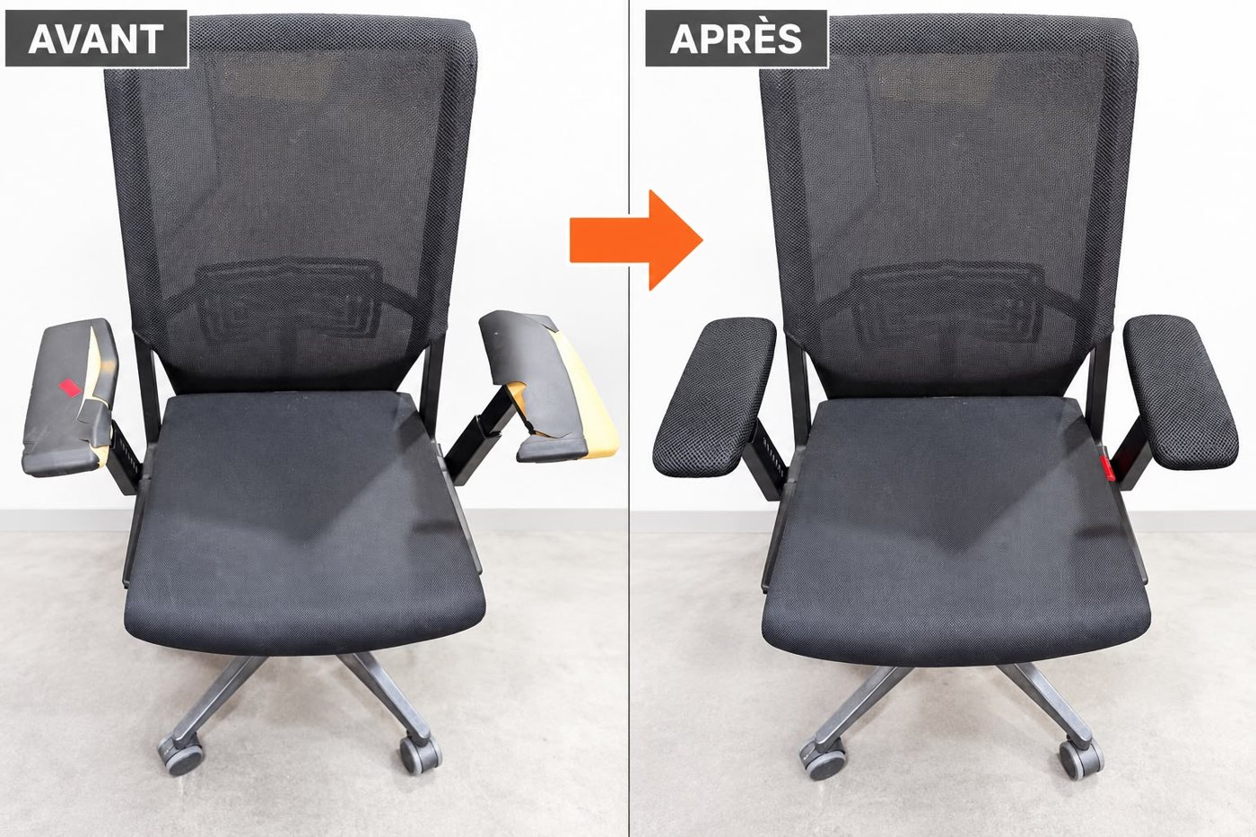 Chaise de bureau avant et après réparation : accoudoirs en plastique cassés remplacés par un habillage en tissu maille noir