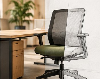 Chaise de bureau reconditionnée : moitié réparée, moitié en croquis