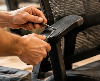 Artisan Burolife démontant un accoudoir de chaise de bureau
